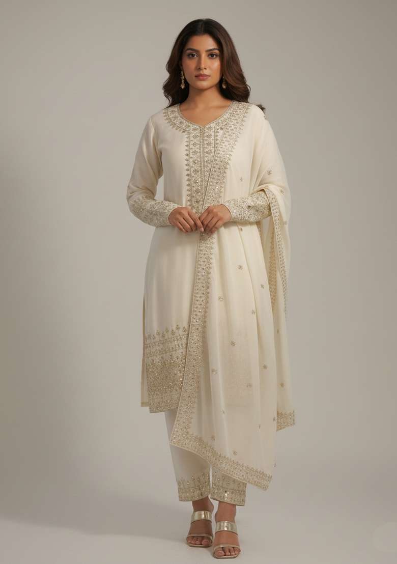 White Embroidered Silk Blend Kurta Set - Indya
