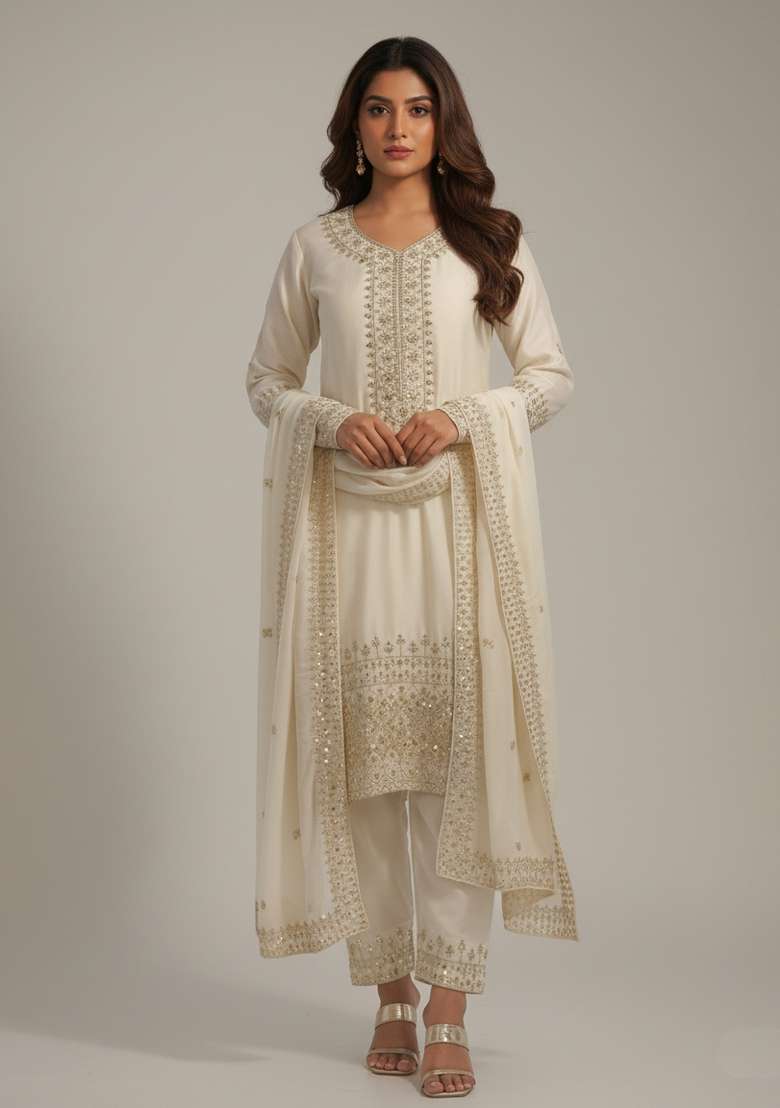 White Embroidered Silk Blend Kurta Set - Indya