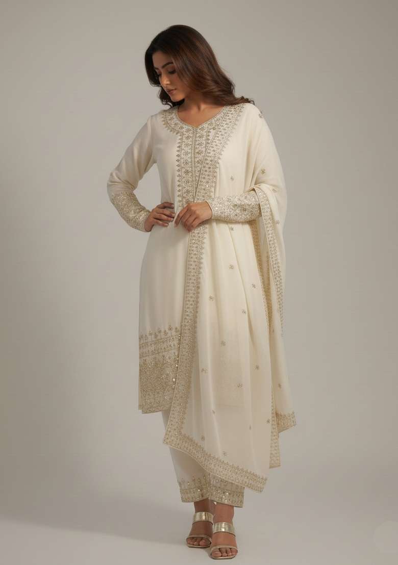 White Embroidered Silk Blend Kurta Set - Indya