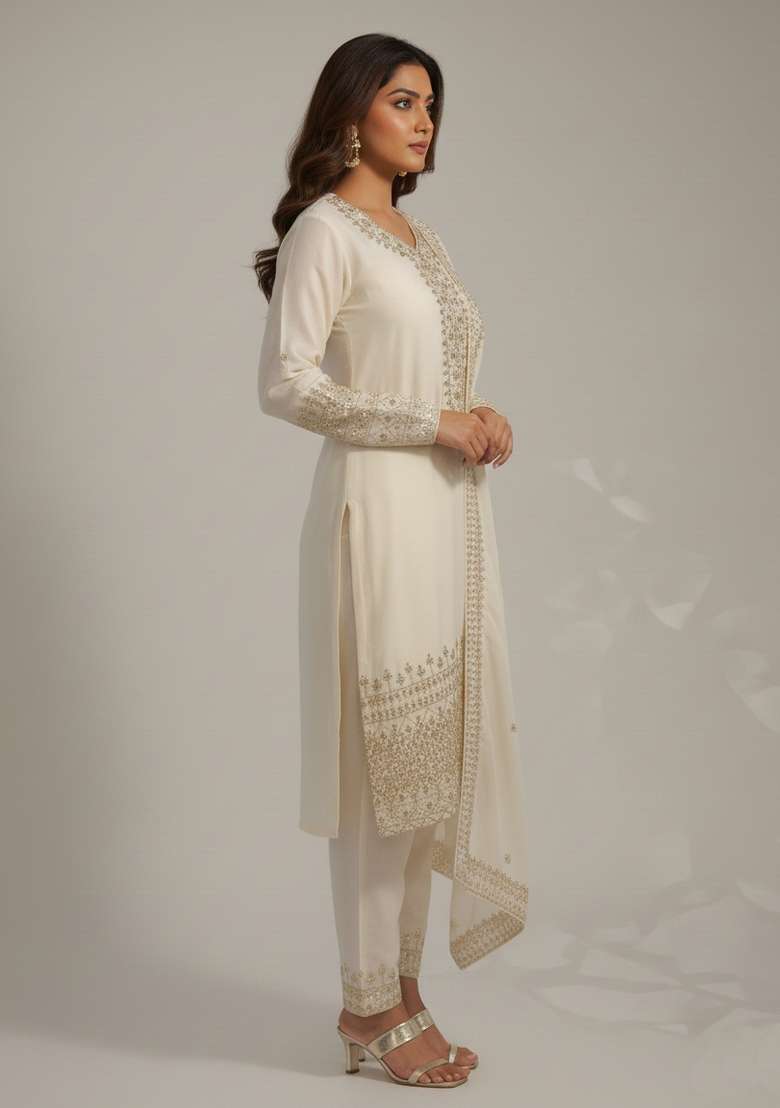 White Embroidered Silk Blend Kurta Set - Indya