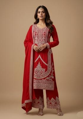 Red Embroidered Silk Kurta Set