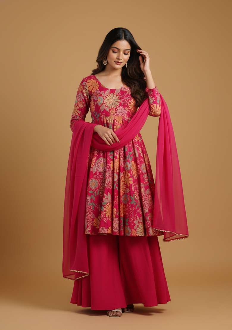 Multicolor Printed Silk Blend Kurta Set - Indya