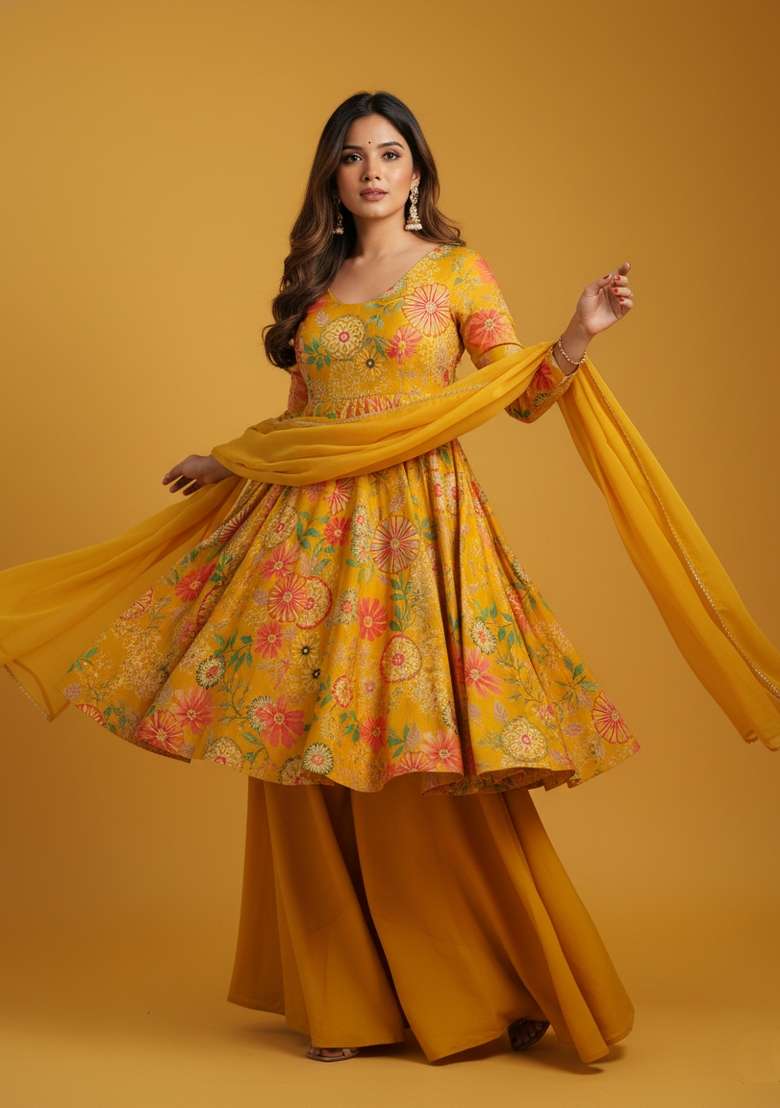 Multicolor Printed Silk Blend Kurta Set - Indya