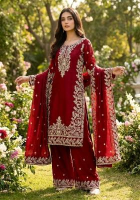 Maroon Embroidered Silk Kurta Set