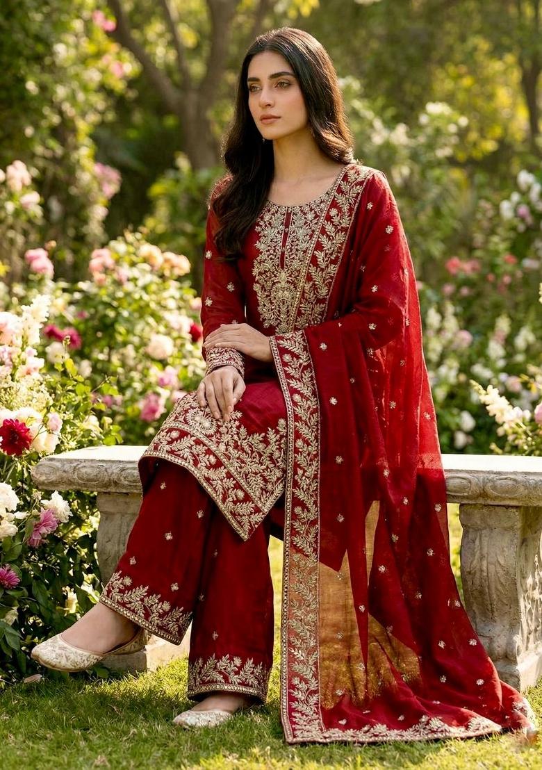 Maroon Embroidered Silk Kurta Set - Indya