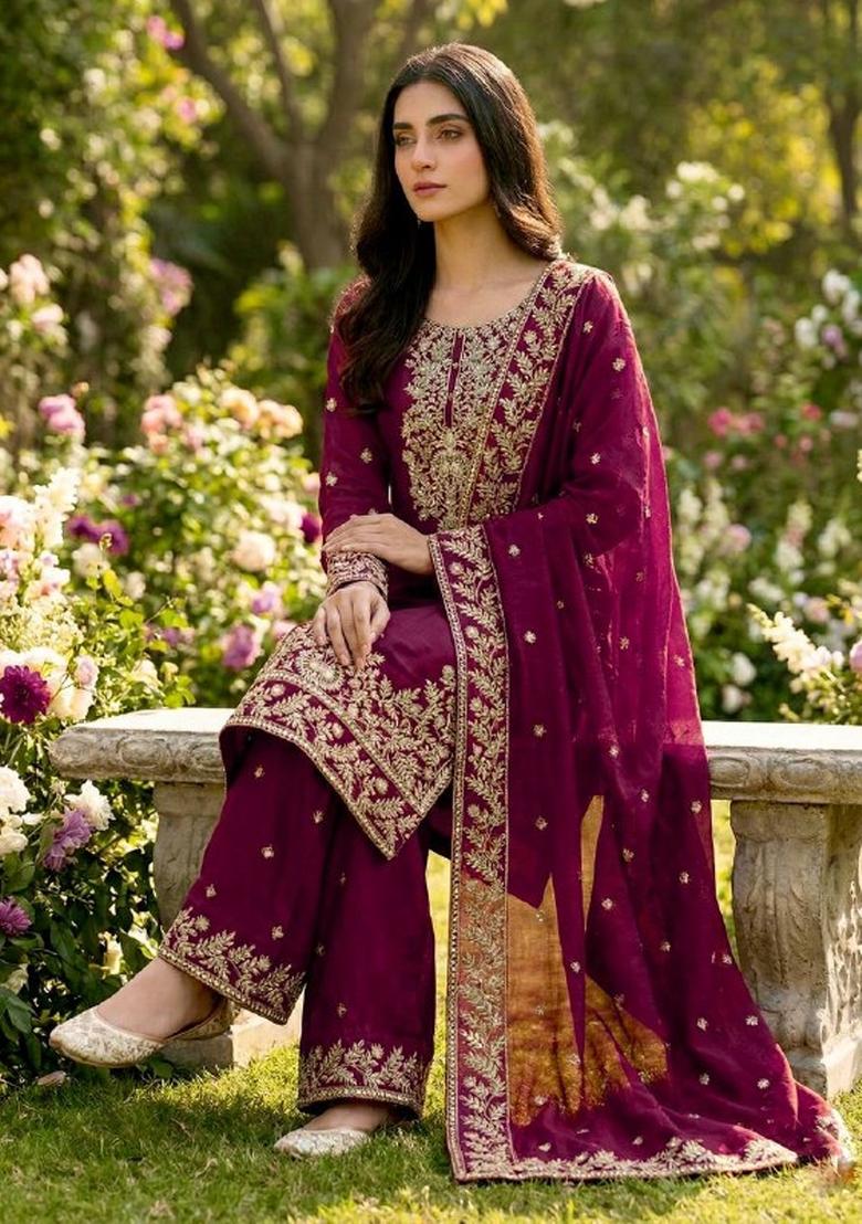 Purple Embroidered Silk Kurta Set - Indya