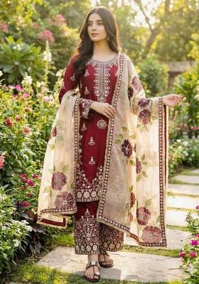 Maroon Beige Embroidered Silk Kurta Set