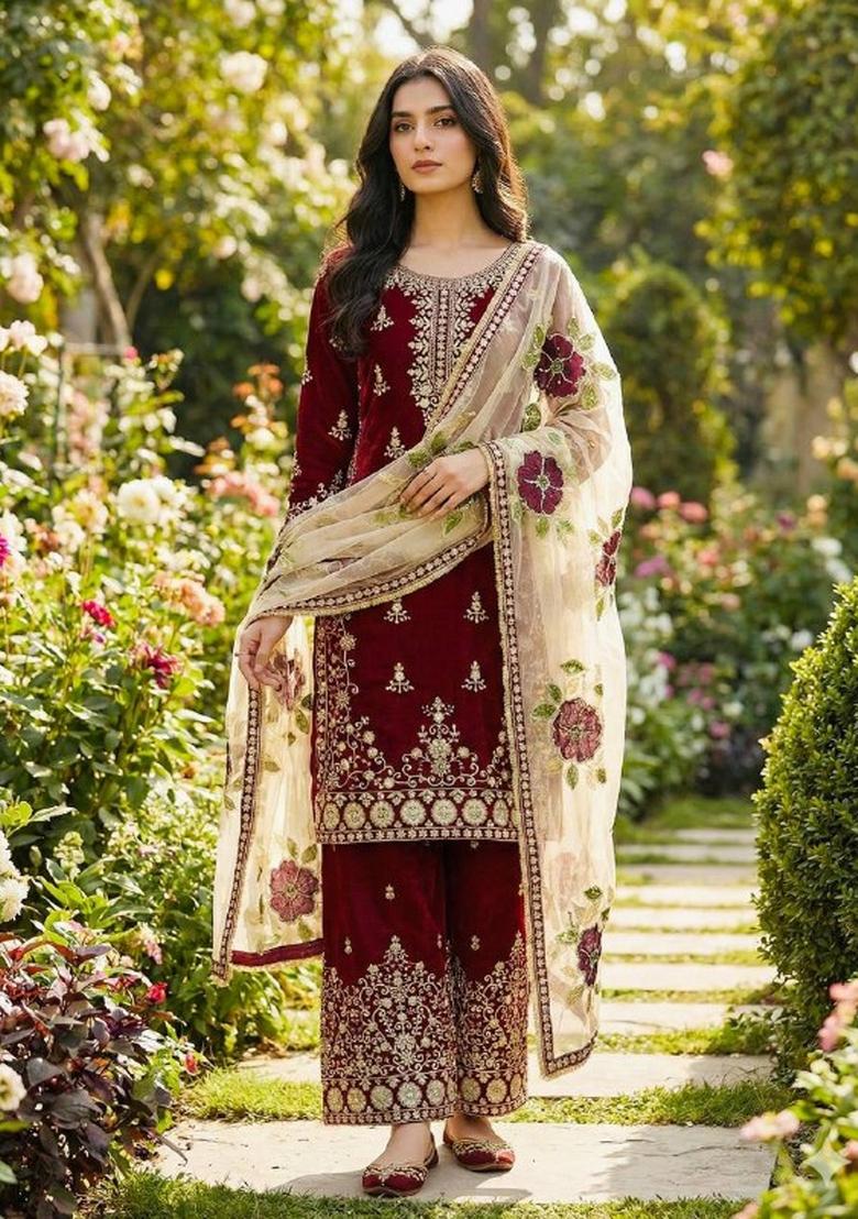 Maroon Beige Embroidered Silk Kurta Set - Indya