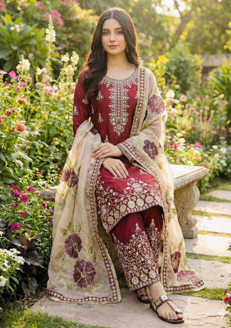 Maroon Beige Embroidered Silk Kurta Set - Indya