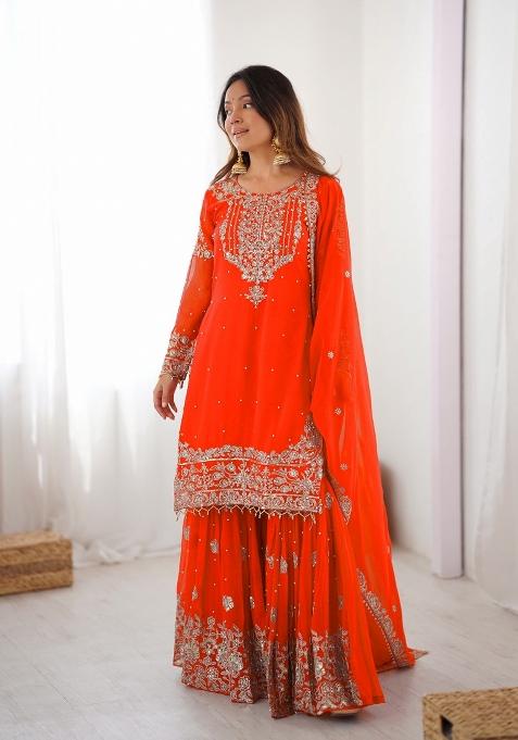 Orange Embroidered Georgette Kurta Set