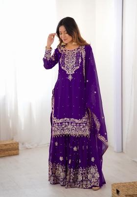 Purple Embroidered Georgette Kurta Set