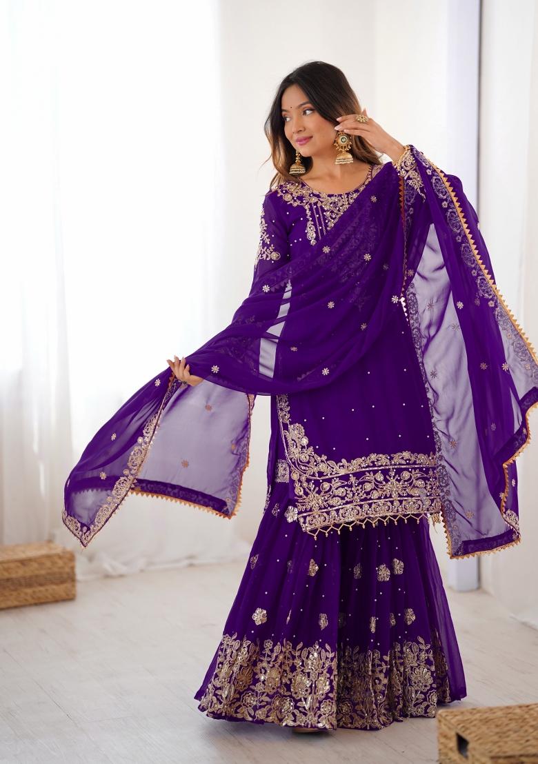 Purple Embroidered Georgette Kurta Set - Indya
