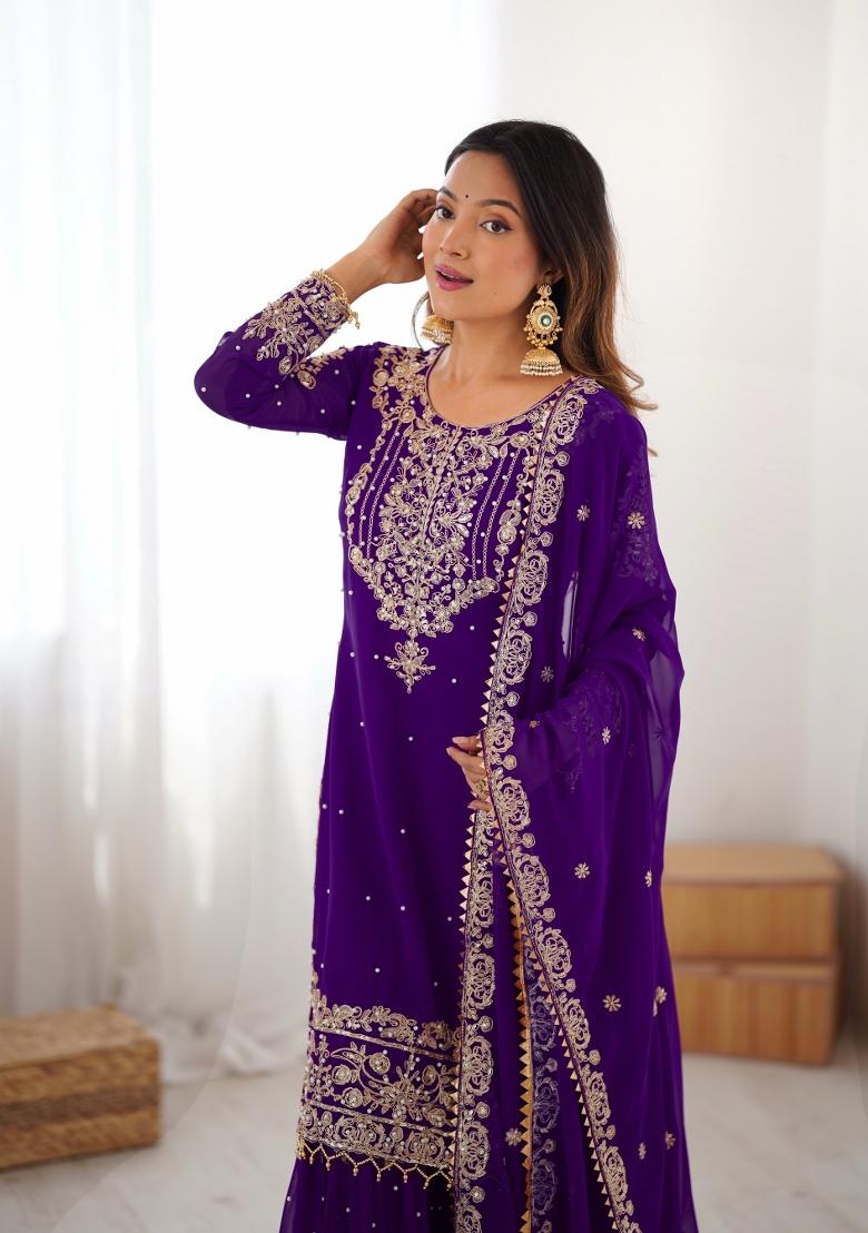Purple Embroidered Georgette Kurta Set - Indya