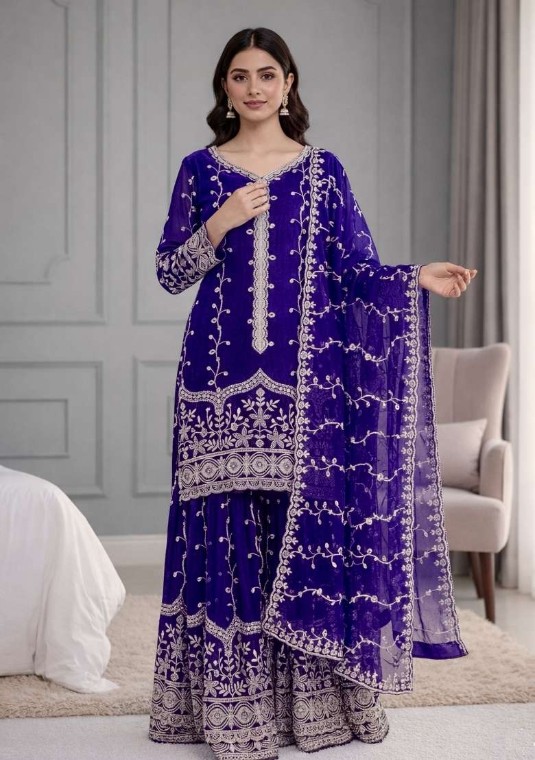 Blue Sequins Silk Blend Kurta Set - Indya
