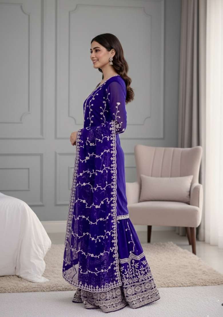 Blue Sequins Silk Blend Kurta Set - Indya