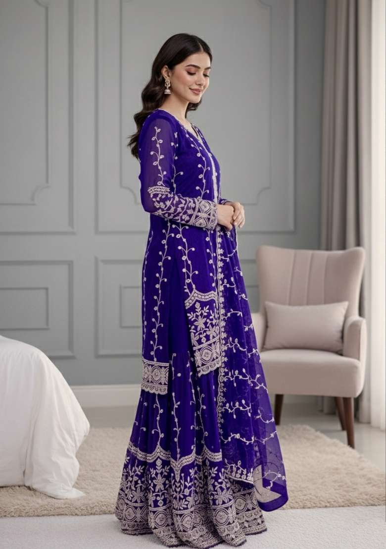 Blue Sequins Silk Blend Kurta Set - Indya