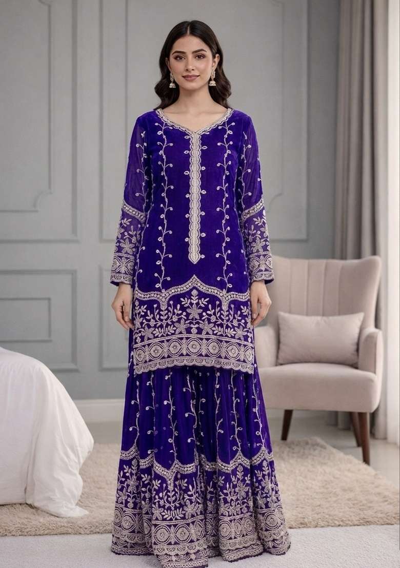 Blue Sequins Silk Blend Kurta Set - Indya