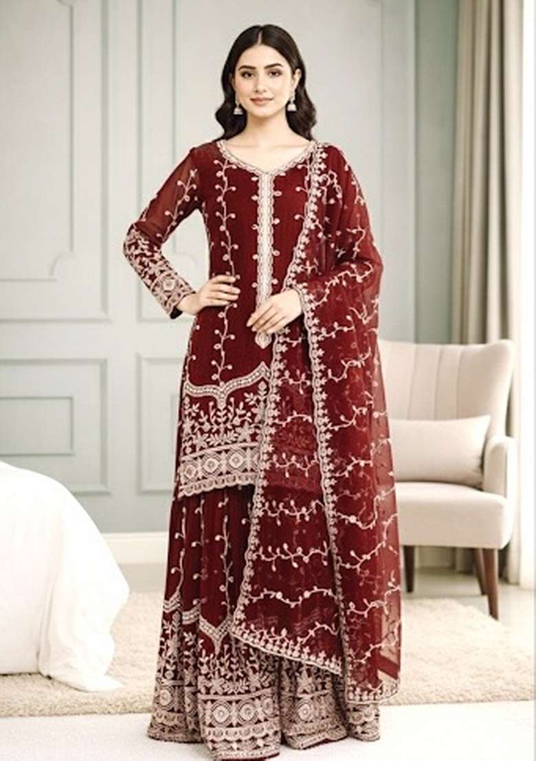 Maroon Sequins Silk Blend Kurta Set - Indya