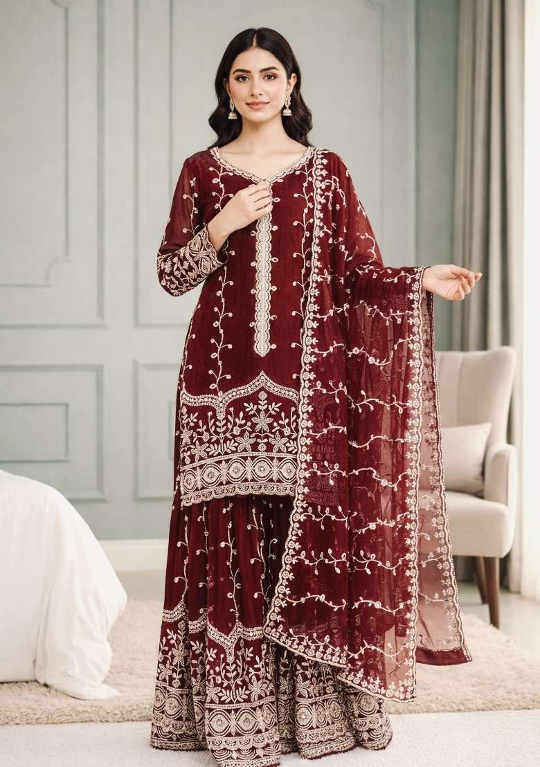 Maroon Sequins Silk Blend Kurta Set - Indya