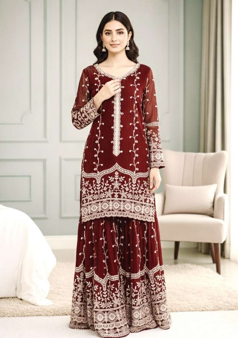 Maroon Sequins Silk Blend Kurta Set - Indya