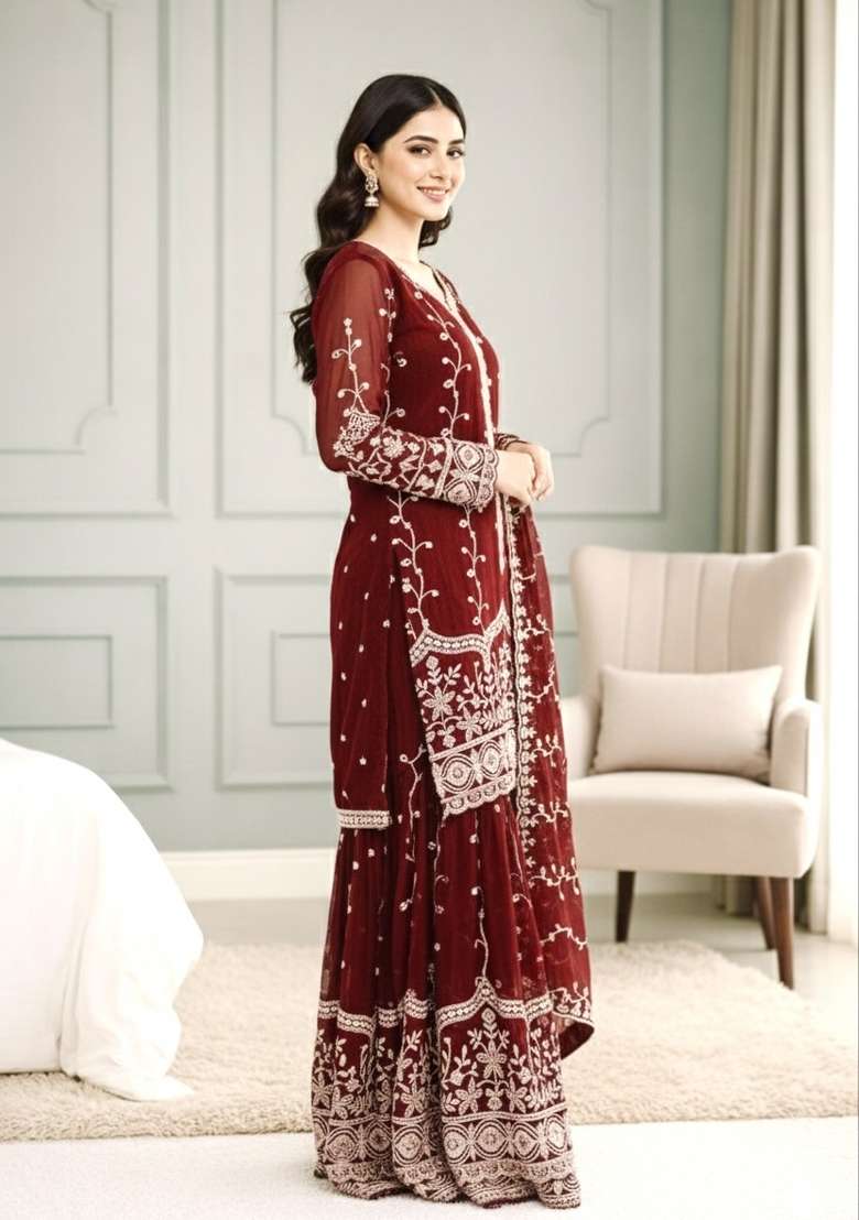 Maroon Sequins Silk Blend Kurta Set - Indya