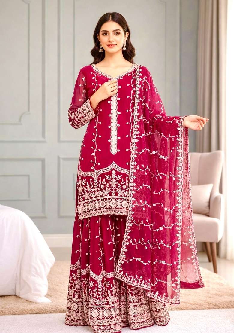 Pink Sequins Silk Blend Kurta Set - Indya