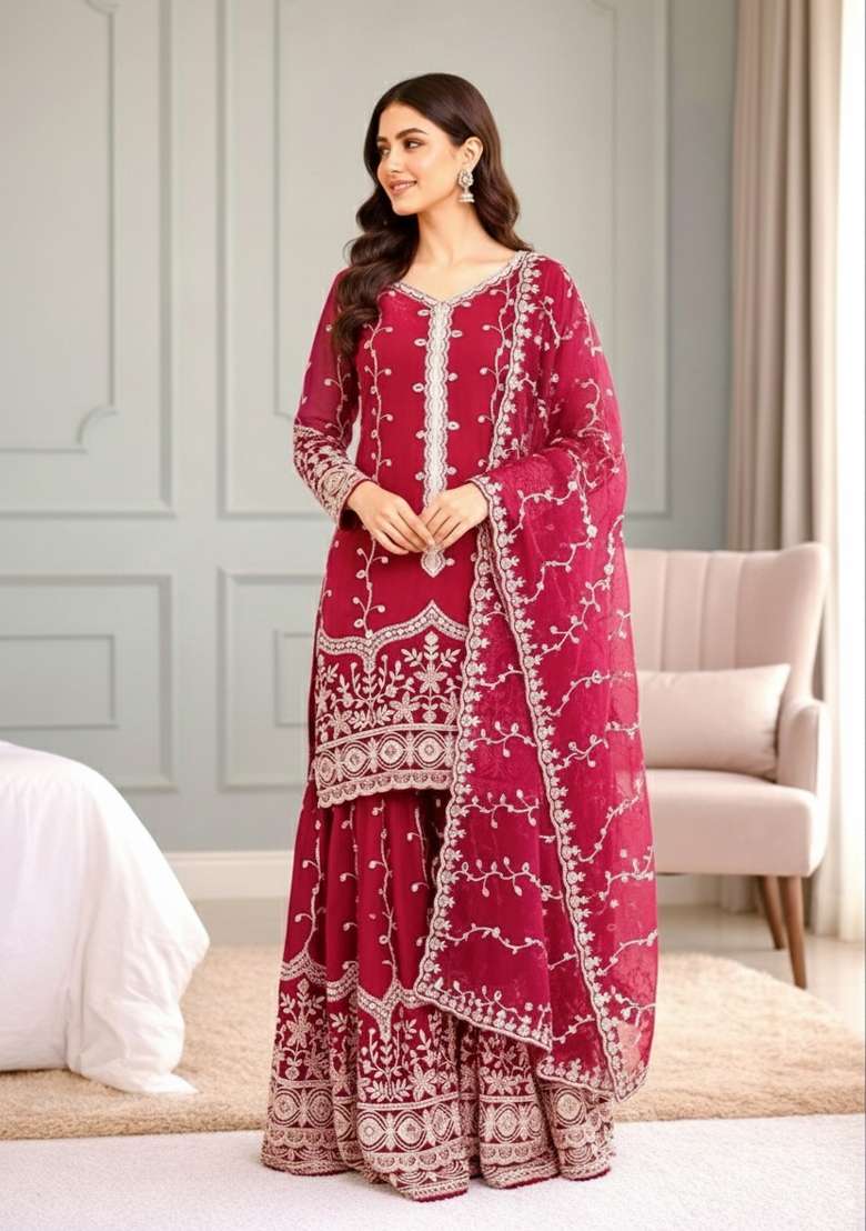 Pink Sequins Silk Blend Kurta Set - Indya