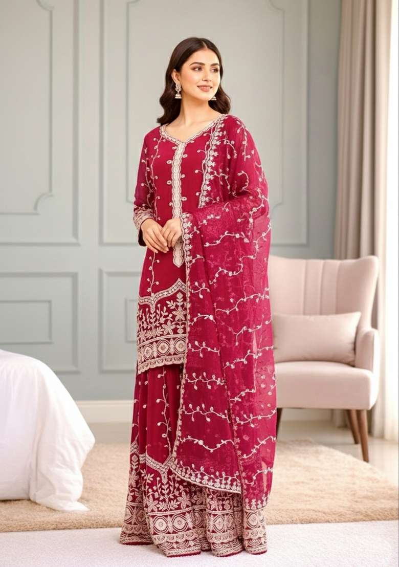 Pink Sequins Silk Blend Kurta Set - Indya