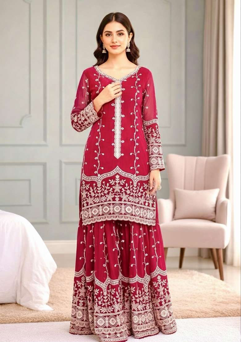 Pink Sequins Silk Blend Kurta Set - Indya