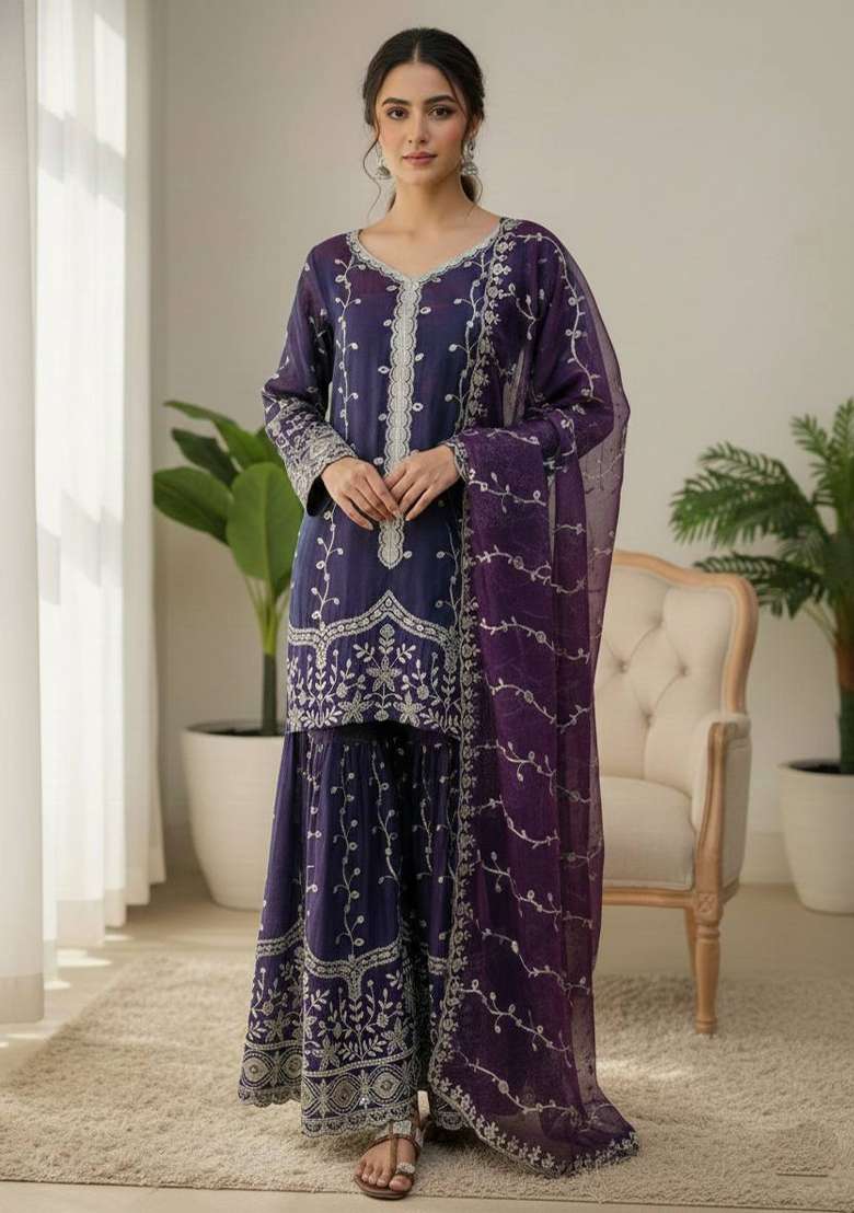 Purple Sequins Silk Blend Kurta Set - Indya