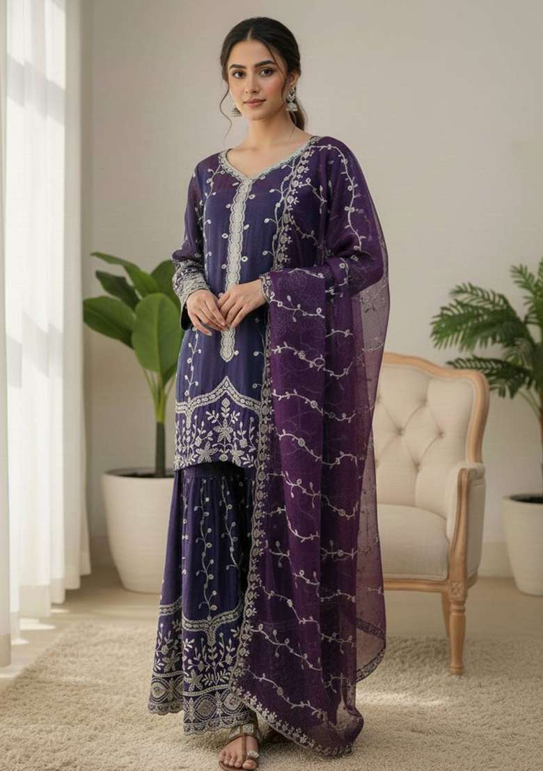 Purple Sequins Silk Blend Kurta Set - Indya
