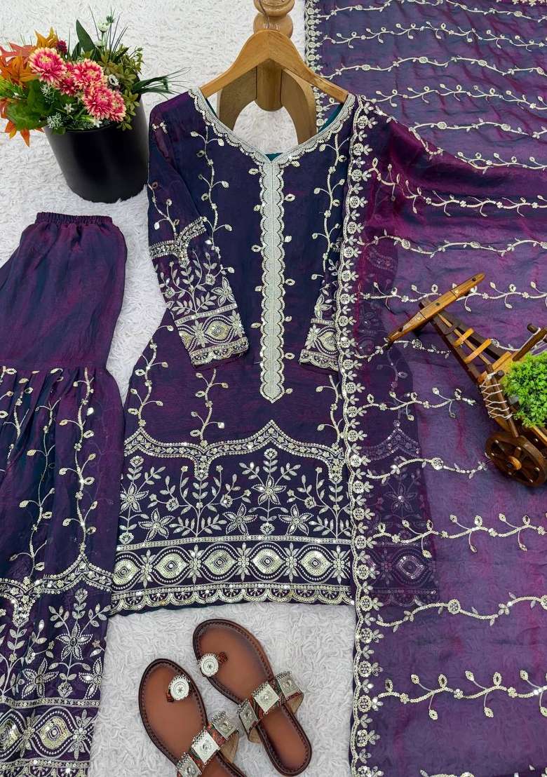Purple Sequins Silk Blend Kurta Set - Indya