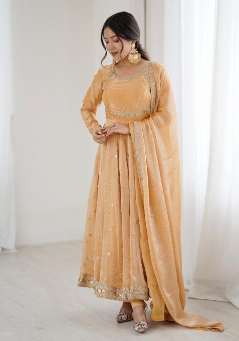 Cream Sequins Silk Kurta Set