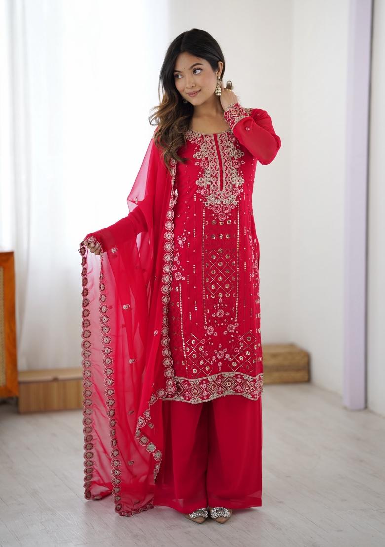 Pink Sequins Georgette Kurta Set - Indya