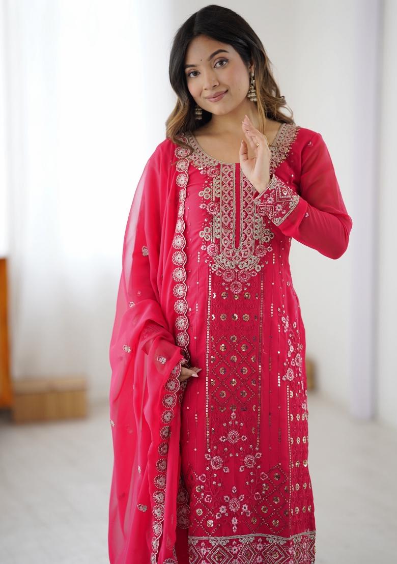 Pink Sequins Georgette Kurta Set - Indya