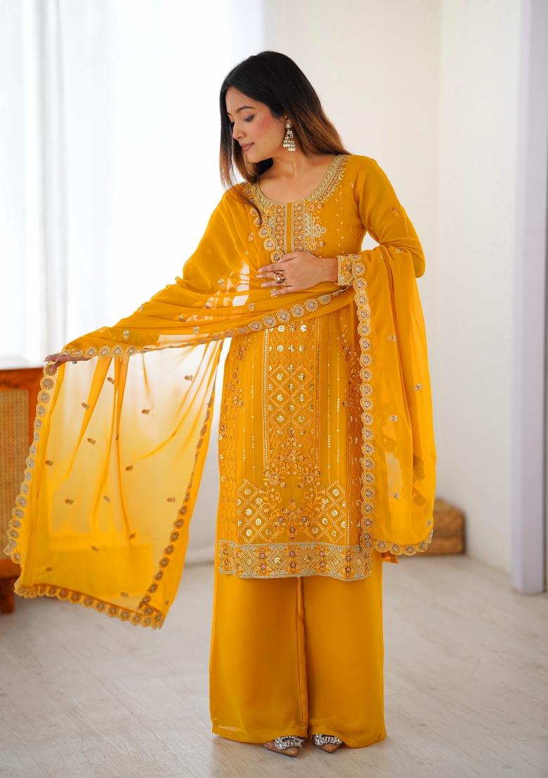 Yellow Sequins Georgette Kurta Set - Indya