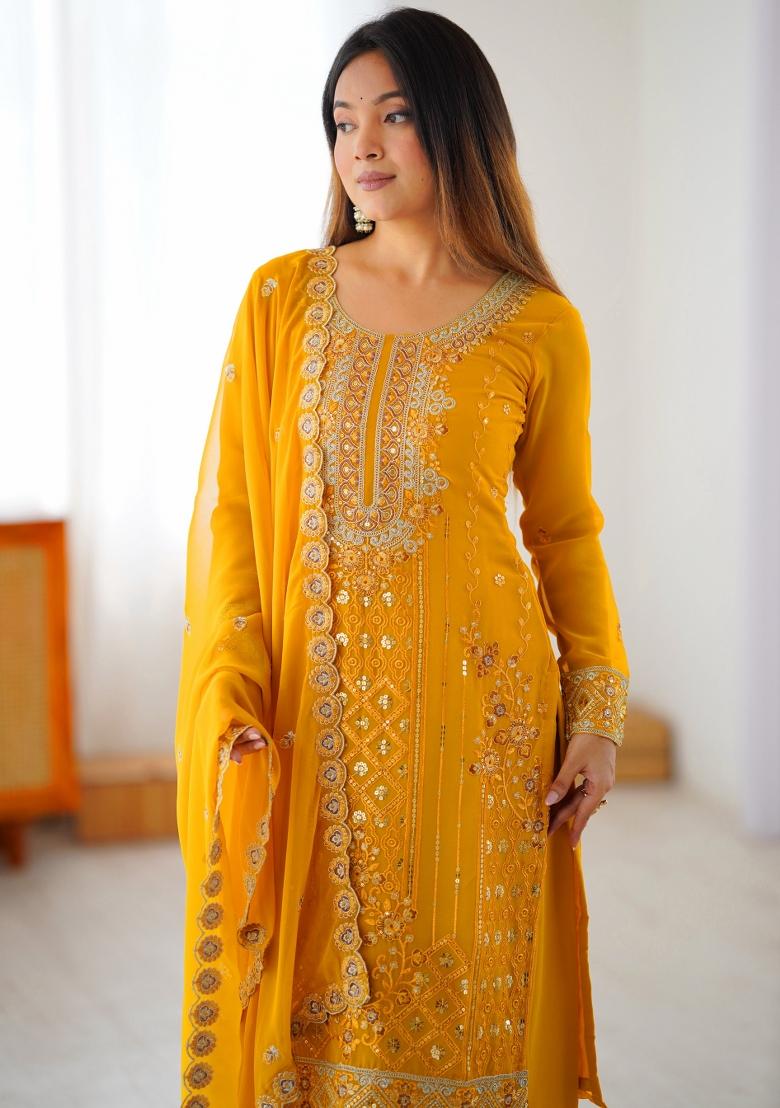 Yellow Sequins Georgette Kurta Set - Indya