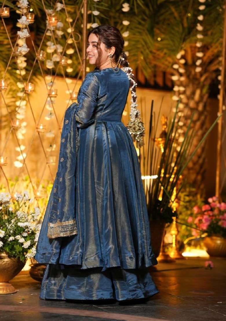 Blue Embroidered Silk Blend Anarkali Set - Indya