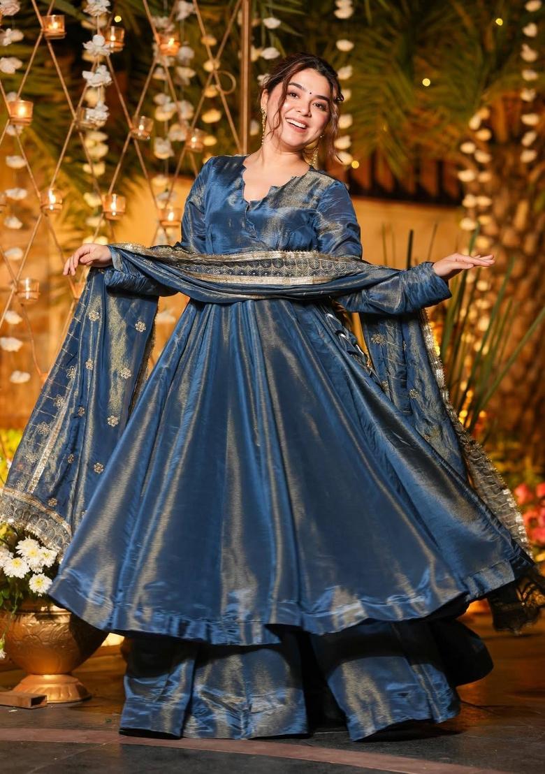 Blue Embroidered Silk Kurta Set - Indya