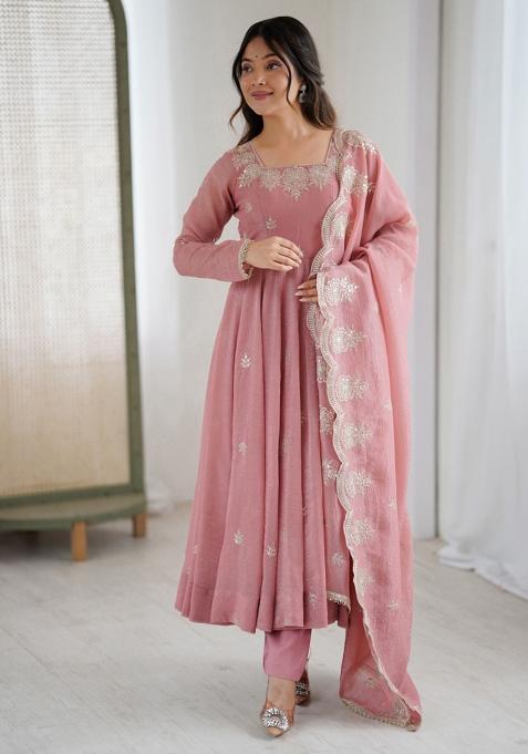 Pink Embroidered Silk Kurta Set