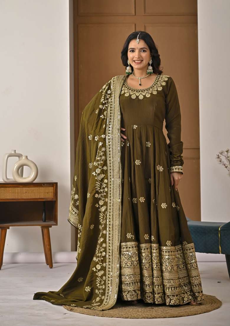 Mehendi Green Embroidered Silk Blend Anarkali Set - Indya