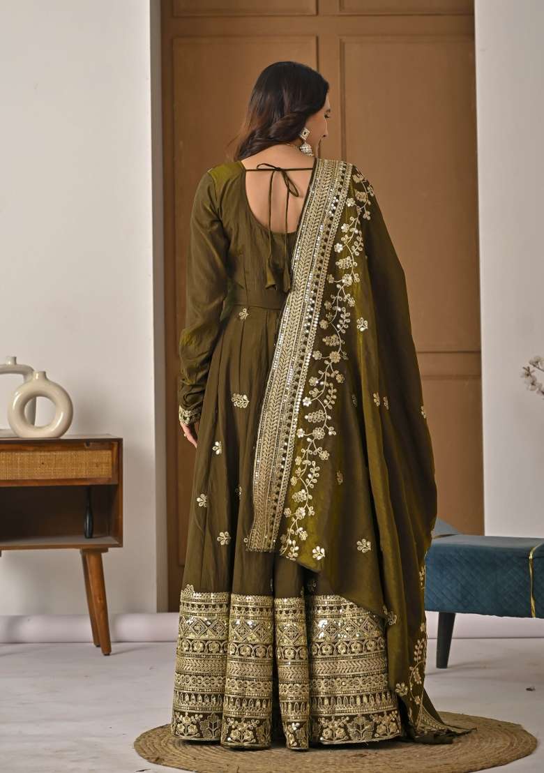 Mehendi Green Embroidered Silk Blend Anarkali Set - Indya