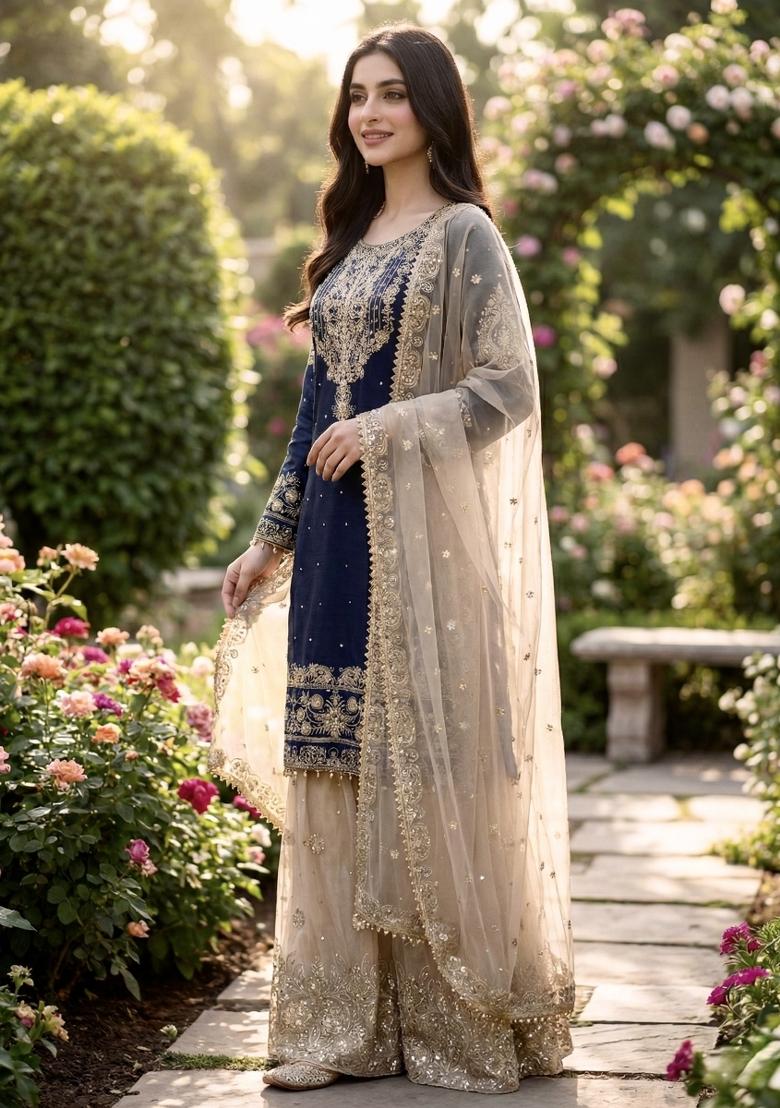 Blue And Beige Embroidered Silk Kurta Set - Indya