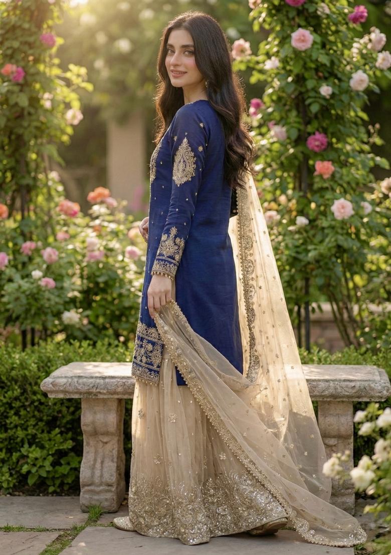 Blue And Beige Embroidered Silk Kurta Set - Indya