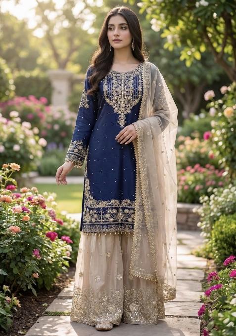 Blue And Beige Embroidered Silk Kurta Set