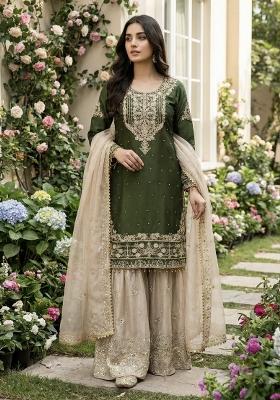 Green Beige Embroidered Silk Kurta Set