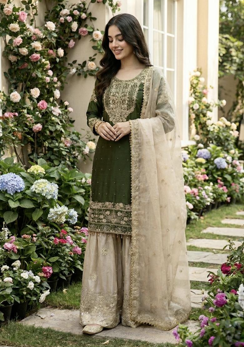 Green Beige Embroidered Silk Kurta Set - Indya