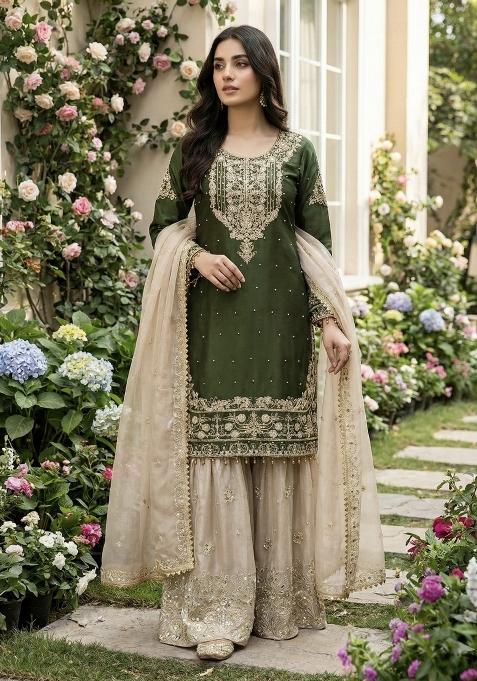 Green Beige Embroidered Silk Kurta Set