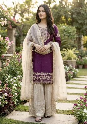 Wine Beige Embroidered Silk Kurta Set