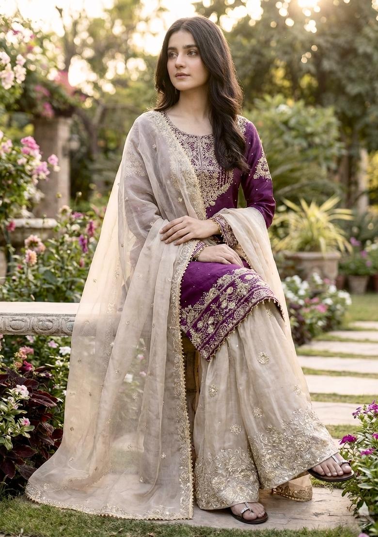 Wine Beige Embroidered Silk Kurta Set - Indya